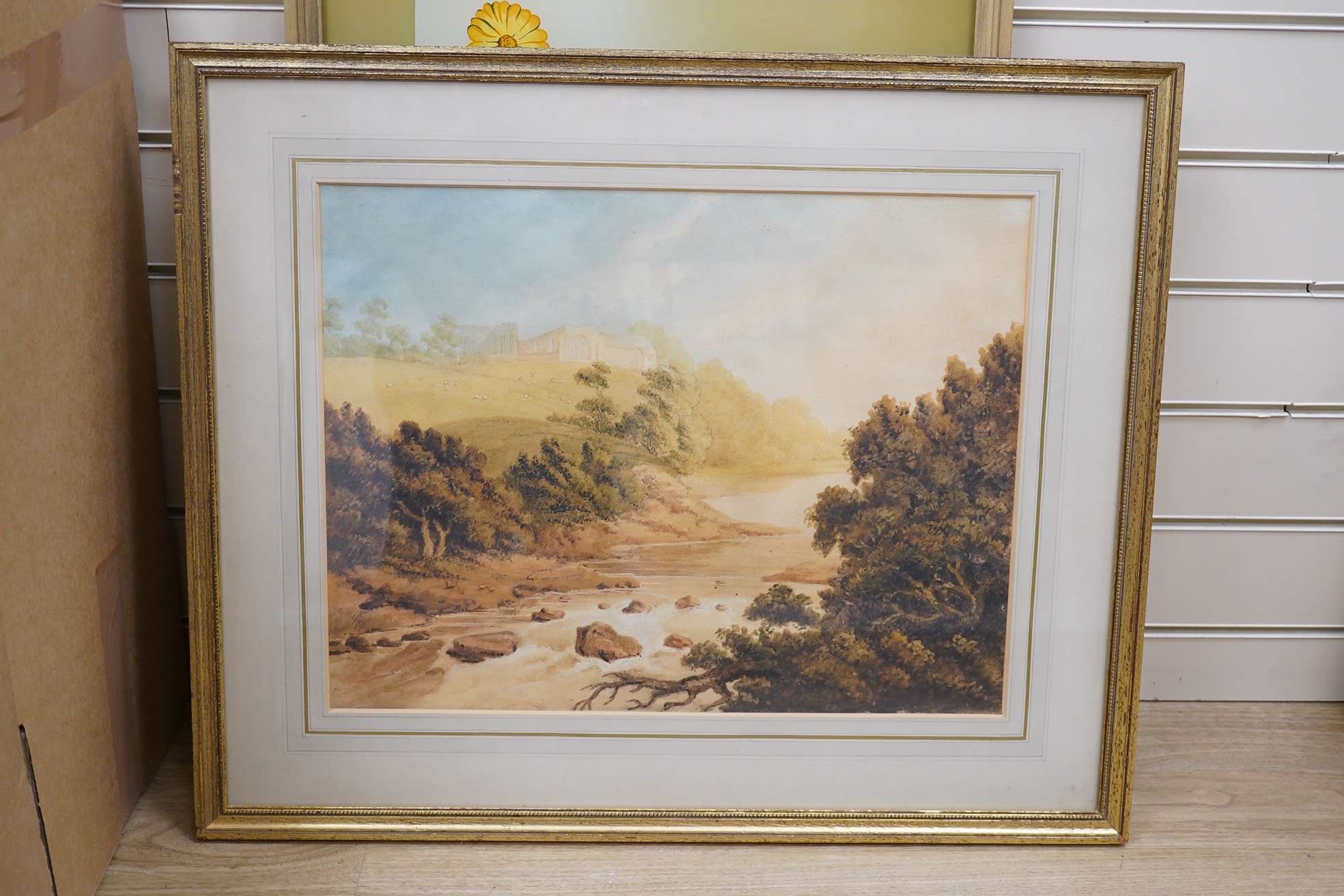 19th century, English School, watercolour, River landscape with hilltop abbey ruins, unsigned, 37 x 47cm. Condition - fair